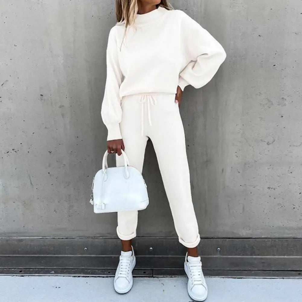 Women Elegant Solid Sets For Women Turtleneck Warm Sweatshirts Long Pant Fashion Two Piece Sets Ladies Lace Up Sweatshirt Suits