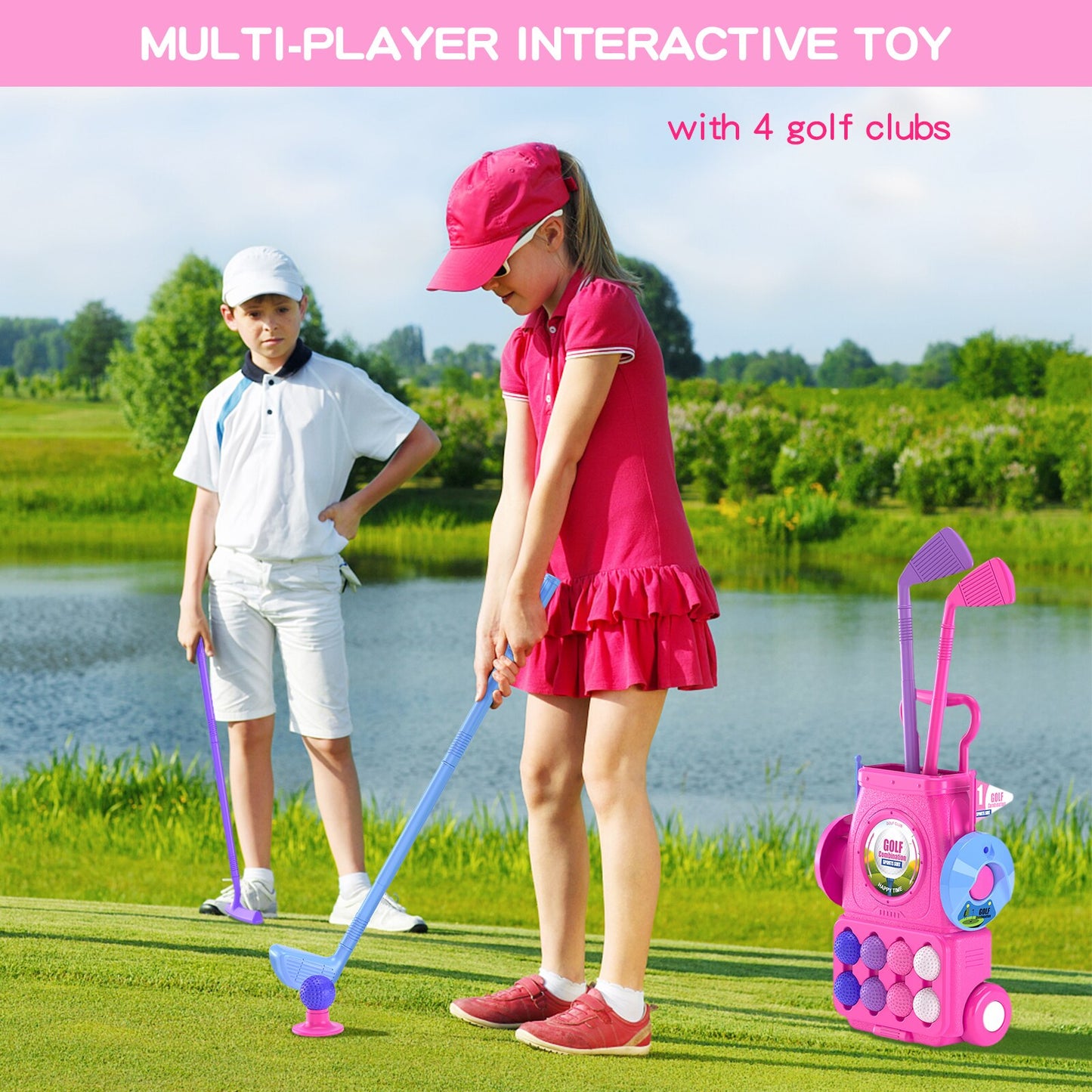 Pink Toddler Golf Set | Kids Golf Clubs with 6 Balls 4 Golf Sticks, 2 Practice Holes and a Putting Mat | Girl Toys for 2 3 4 5+ Years Old