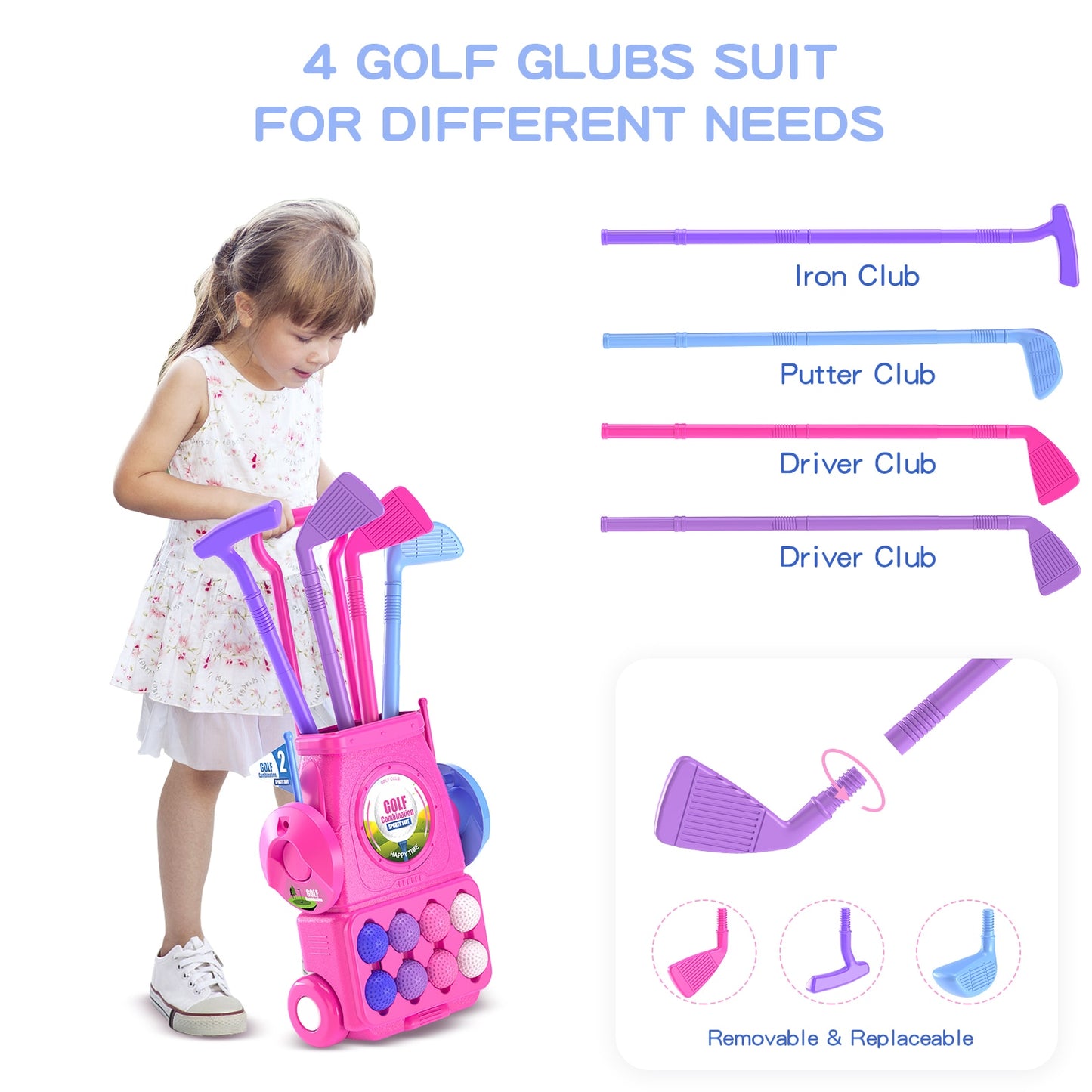 Pink Toddler Golf Set | Kids Golf Clubs with 6 Balls 4 Golf Sticks, 2 Practice Holes and a Putting Mat | Girl Toys for 2 3 4 5+ Years Old