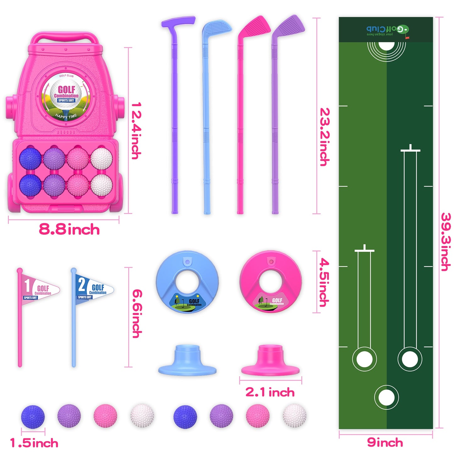 Pink Toddler Golf Set | Kids Golf Clubs with 6 Balls 4 Golf Sticks, 2 Practice Holes and a Putting Mat | Girl Toys for 2 3 4 5+ Years Old