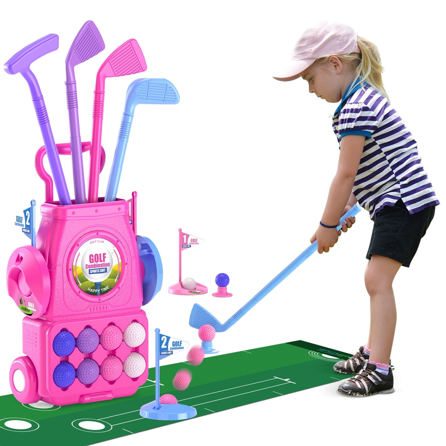 Pink Toddler Golf Set | Kids Golf Clubs with 6 Balls 4 Golf Sticks, 2 Practice Holes and a Putting Mat | Girl Toys for 2 3 4 5+ Years Old